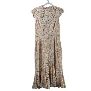 Saylor Lace Midi Dress Size L Ecru Tan Metallic Cap Sleeve High Neck Open Back